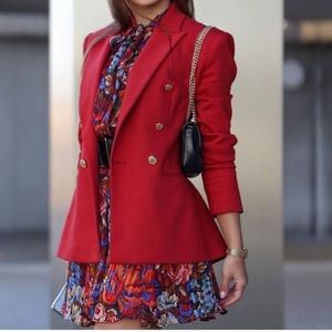 Zara Bright Red Orange Double Breasted Blazer